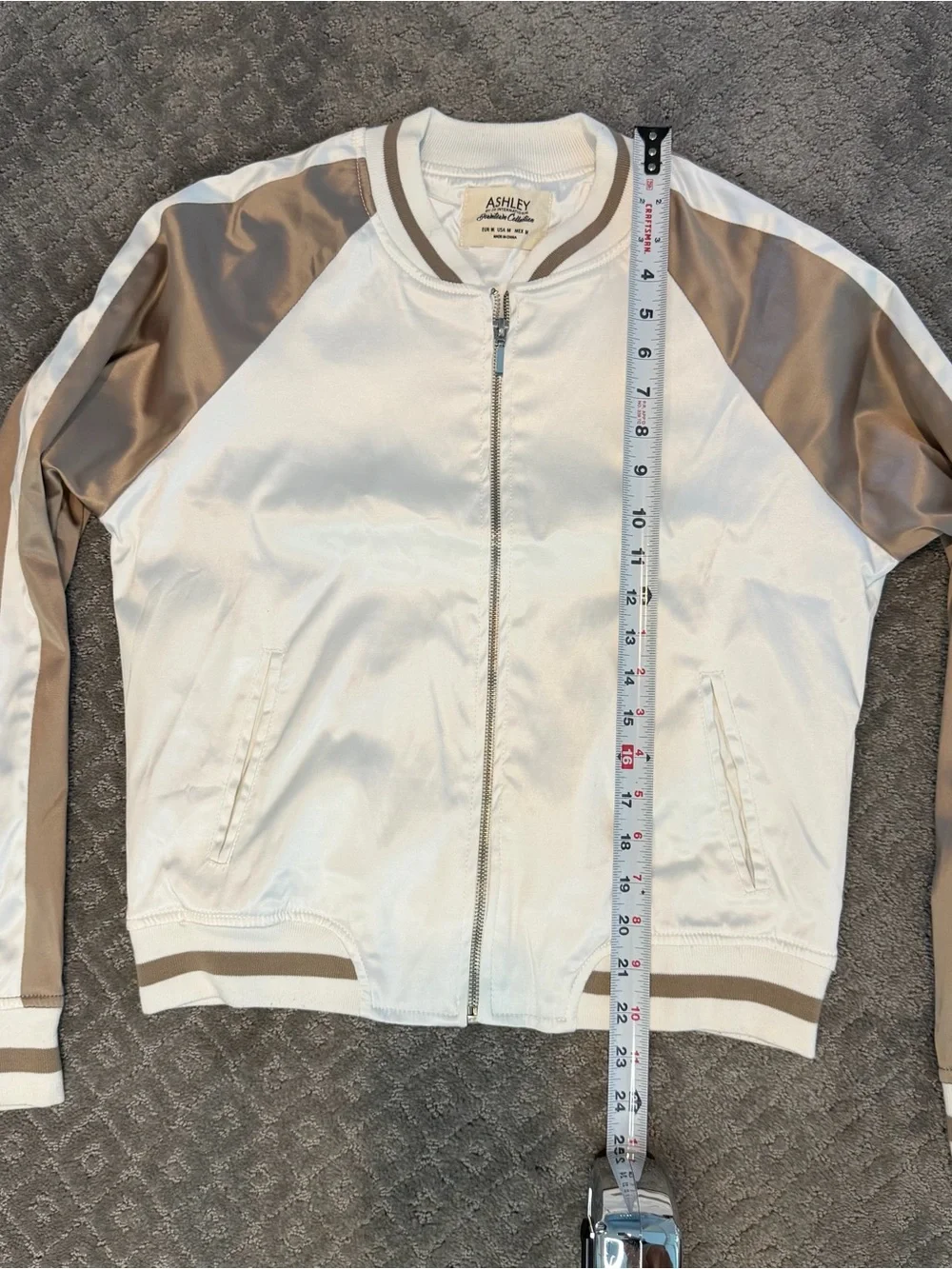 Classic Satin Bomber Jacket Beige Ivory Sz M Y2K Streetwear Festival Minimalist